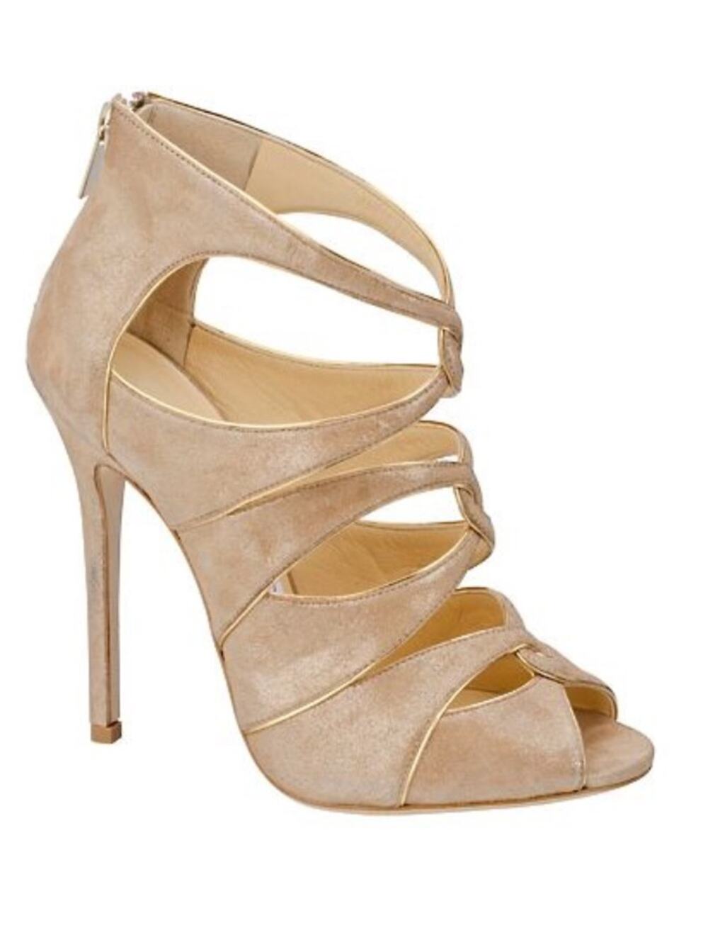 Jimmy Choo Leash Shimmer Tan Leather Suede Gold Trim Heels Sandals size 40 US 10